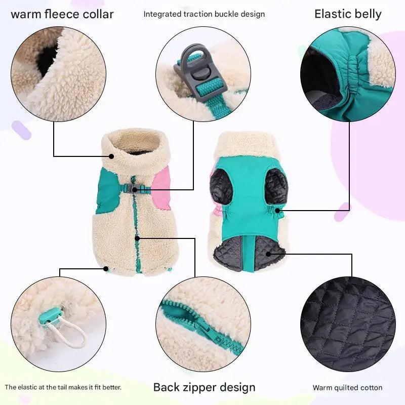 Lamb Fleece Dog Coat, Winter Warm Windproof Pet Vest with Leash Clip, for Small Medium Large Dogs